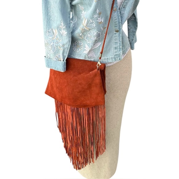 Anthropologie Suede Leather Fringe Crossbody Bag Red Brown Fold by Street Level - Picture 1 of 16